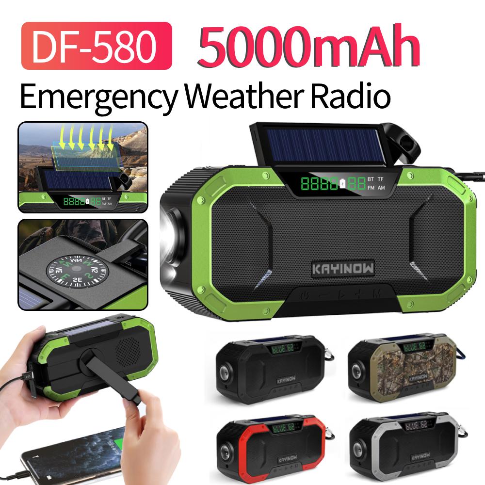 Nouzové počasí rádio Ruční klika Solární rádio AM/FM IPX5 Vodotěsné Venkovní Nouzová LED svítilna 5000mAh Powerbanka