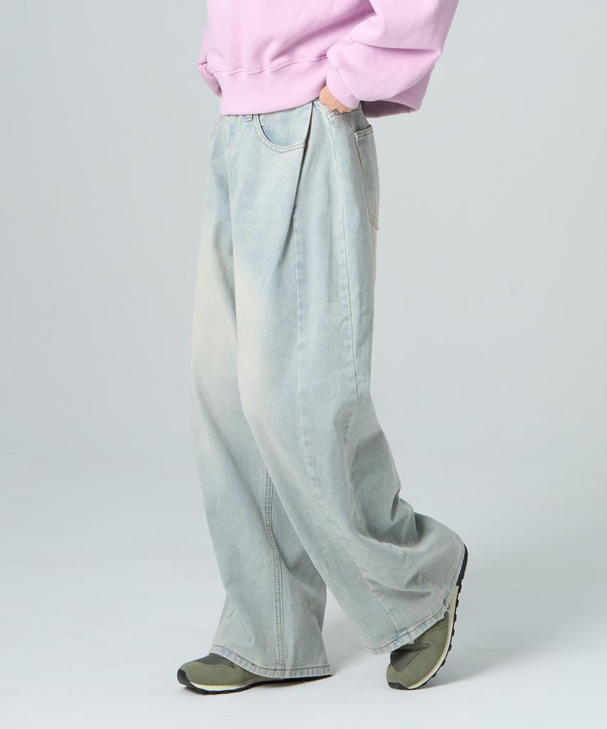 ROCKED GARAGE [Unisex] Balloon Fit Side Pintuck Wide Denim Pants [Light Wash]