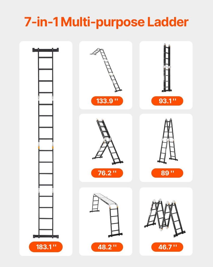 Multi-Purpose Folding Ladder 7-in-1 4 Step 15.5ft with Scaffolding Plank