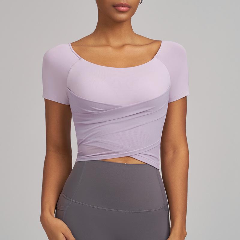 

JOOMON Women s High-End Quick-Dry Yoga Top, Short Sleeve Cross Mesh Design for Pilates Training Small