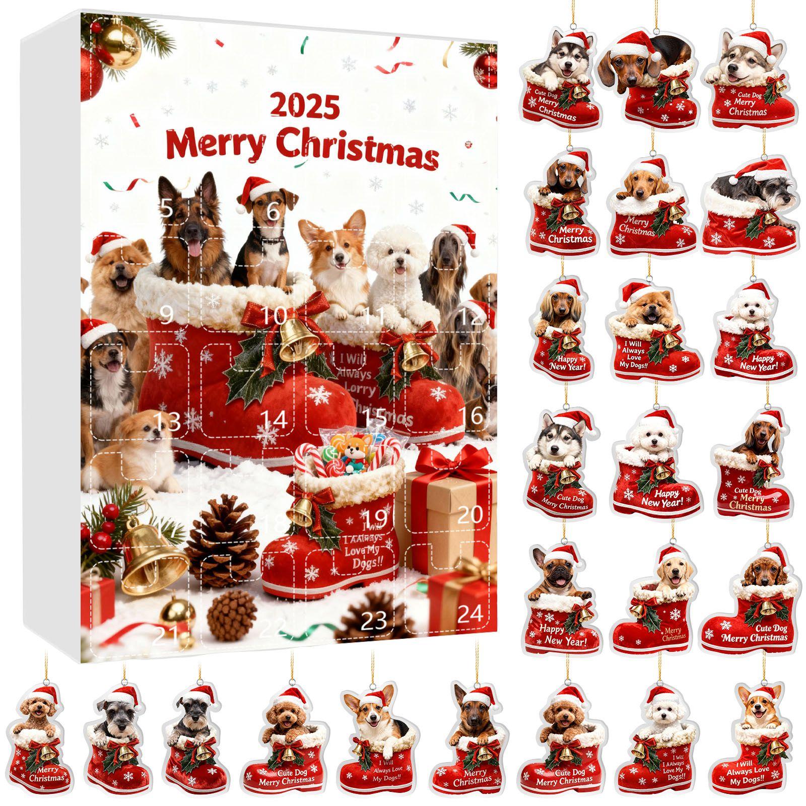 

Рождественский адвент-календарь для собак 24 рождественских украшения на собачью тематику Праздничный календарь обратного отсчета Собаки в красных ботинках Идеально для любителей домашних животных, владельцев домашних животных One Size