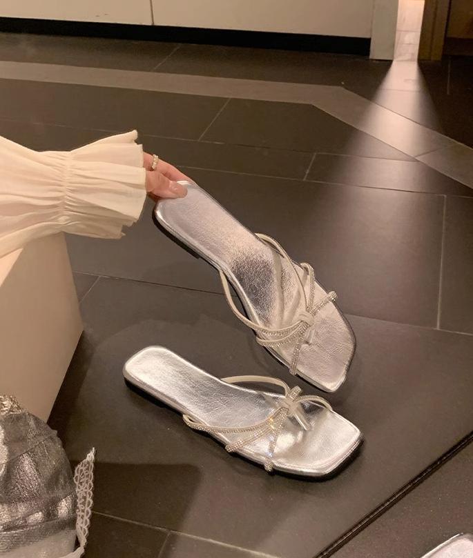 Sandals Women's Summer Wear Fashion Sparkling Thin Strap Flat Bottom Cool Slippers French Versatile Toe Women's Shoes 2025