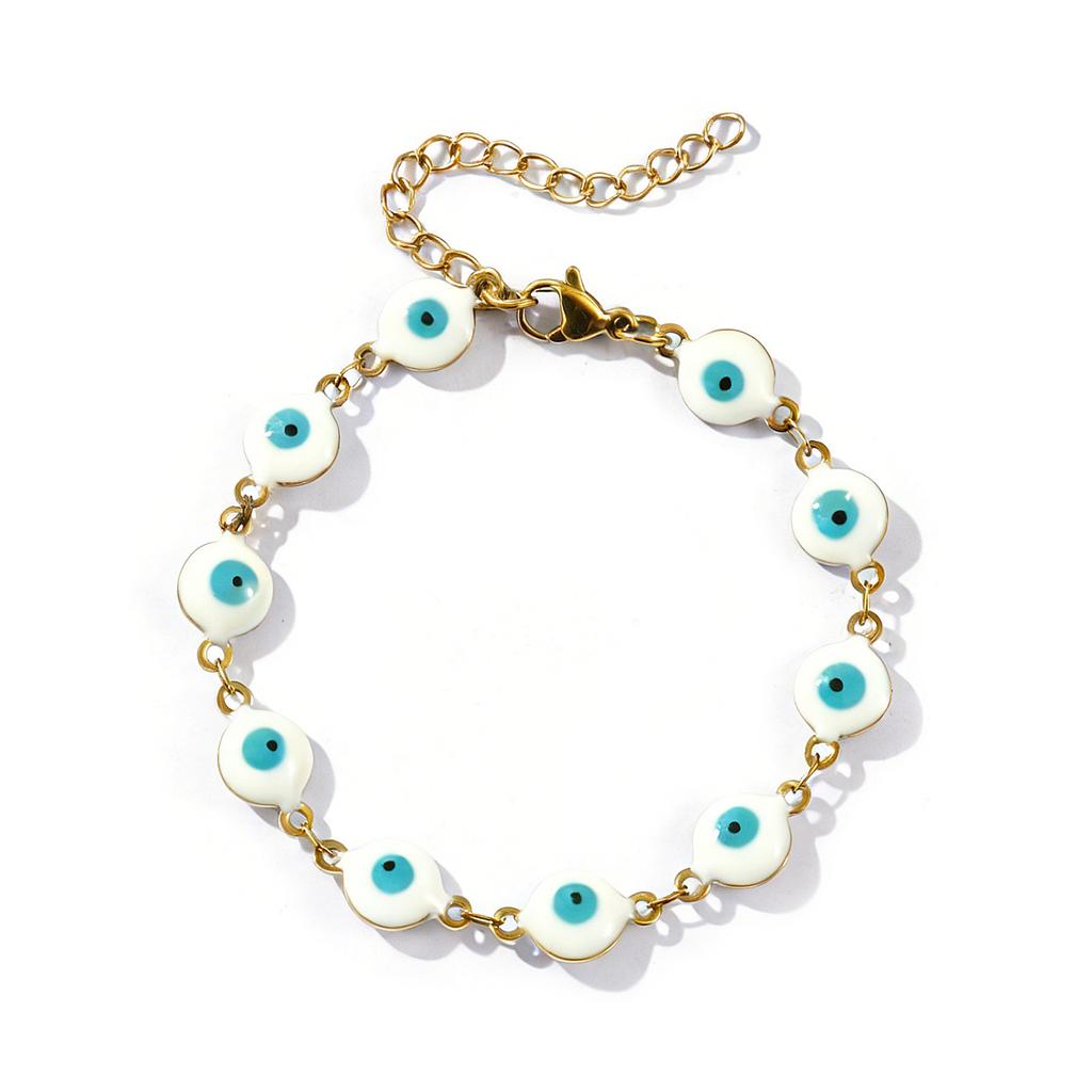Evil Eye Double-sided Enamel Bracelets 304 Stainless Steel Handmade Link Chain Religious Retro Gift Jewelry 16.5cm(6 4/8") long