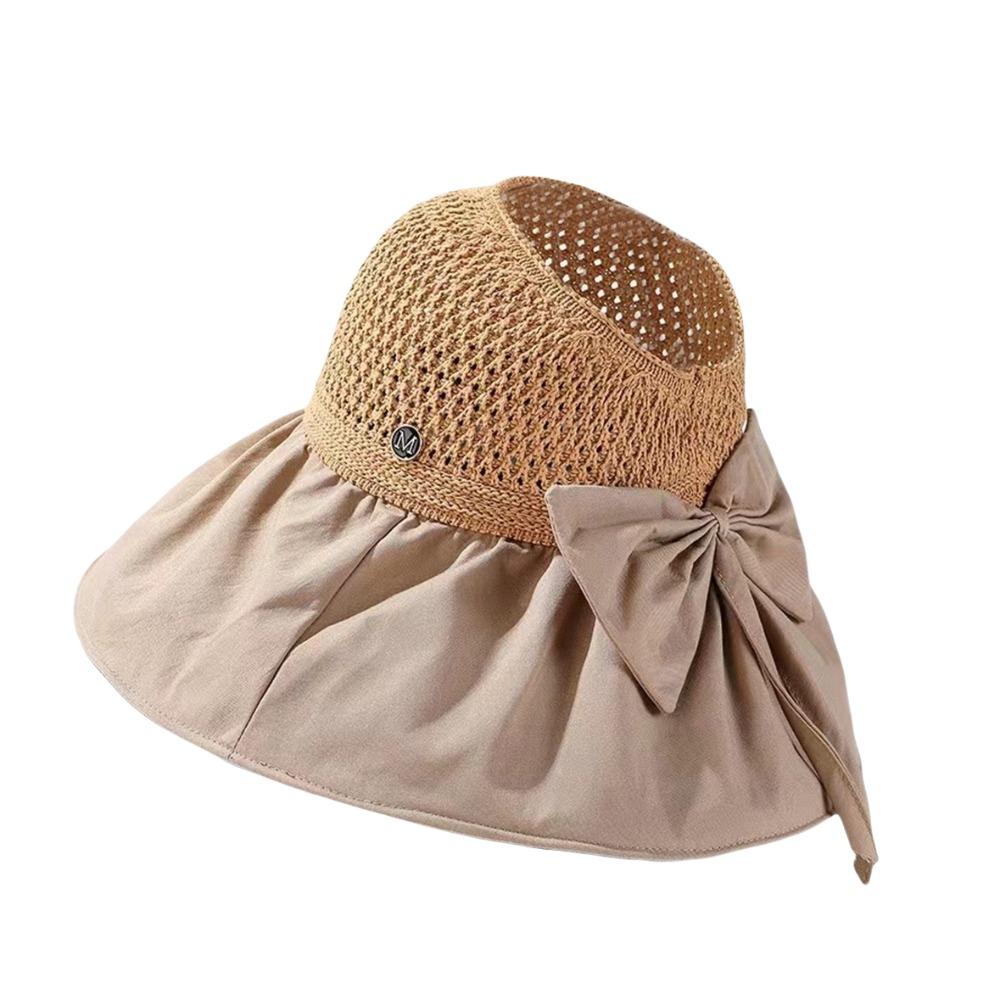 UV Protection Woven Empty Top Cap Bow Vinyl Sun Hats Elegant Wide Brim Bucket Hat  Seaside