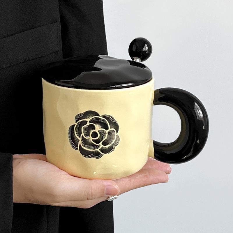 Retro Flower Ceramic Mug with Lid Spoon Premium Sense Drinking Cup Couple Gift Household Coffee Milk Mug