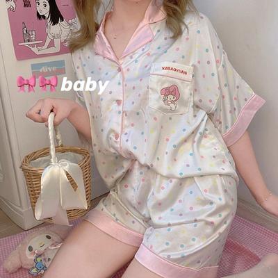 Melody Pajamas Women'S Summer Ice Silk Short Sleeves Cute Sweet Wind Loose Girls Loungewear Two-Piece Set
