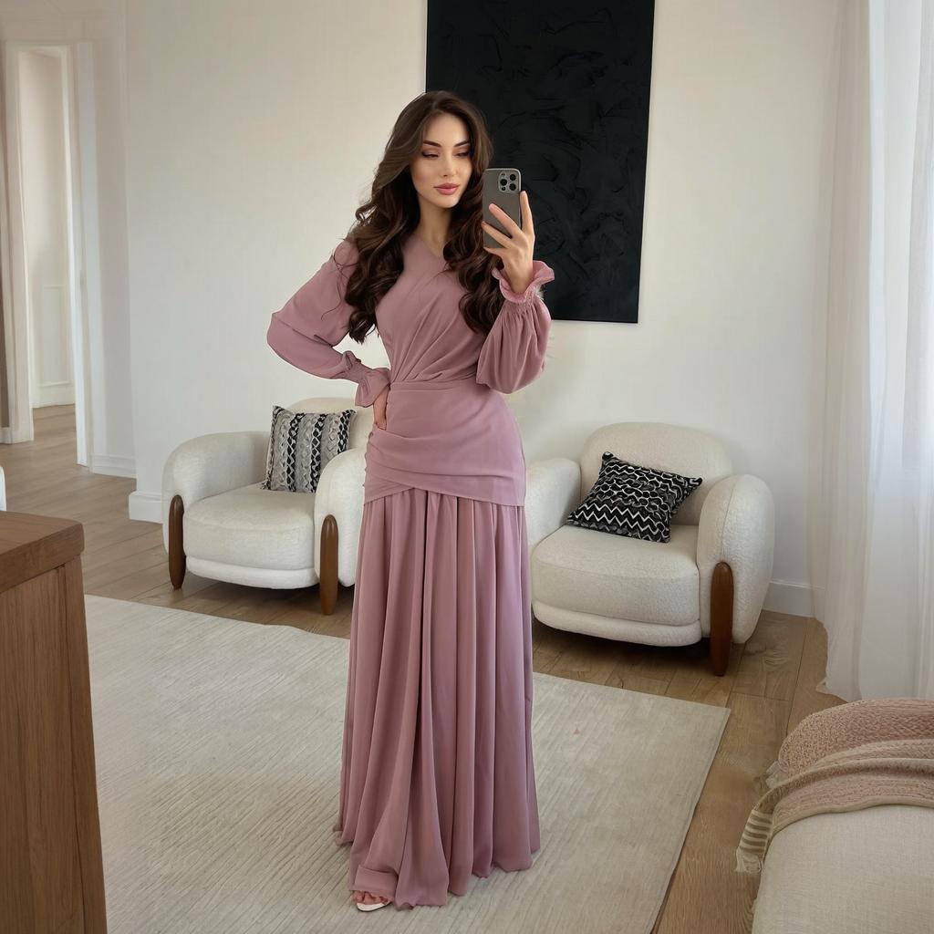 2025 Summer European & American Round Neck Bell Sleeve Slim Evening Dress for Women