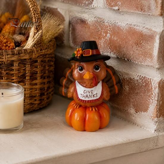 Festive Pumpkin Figurine for Display Resin Turkey Ornament Thanksgiving, Autumn Harvest Tabletop Small Thanksgiving Table with Retro Hat Home