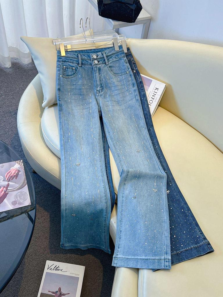 Women's High-Waisted Rhinestone Slim Fit Micro-Flare Denim Pants - 2026 Spring/Winter Trend
