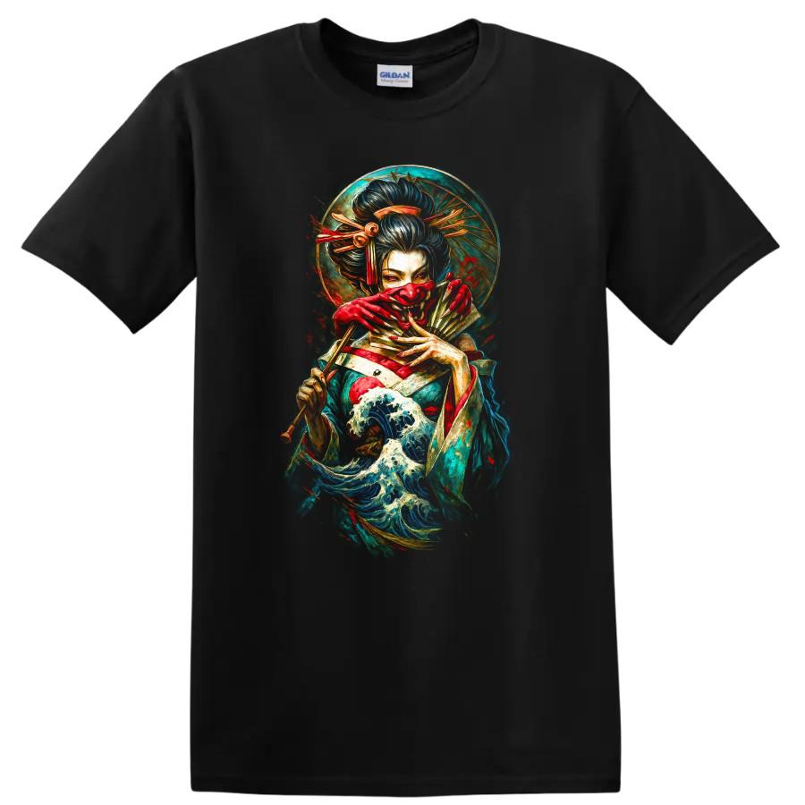 Japanese Style T Shirt Geisha with Wave and Red Hands Graphic Tee