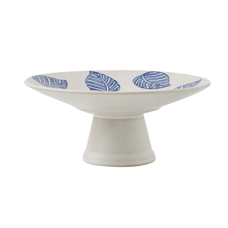 Japanese Ceramic Pedestal Bowl Hand-Painted Blue White Snack Plate Elegant Dessert Stand forTea Minimalist Cake Plate
