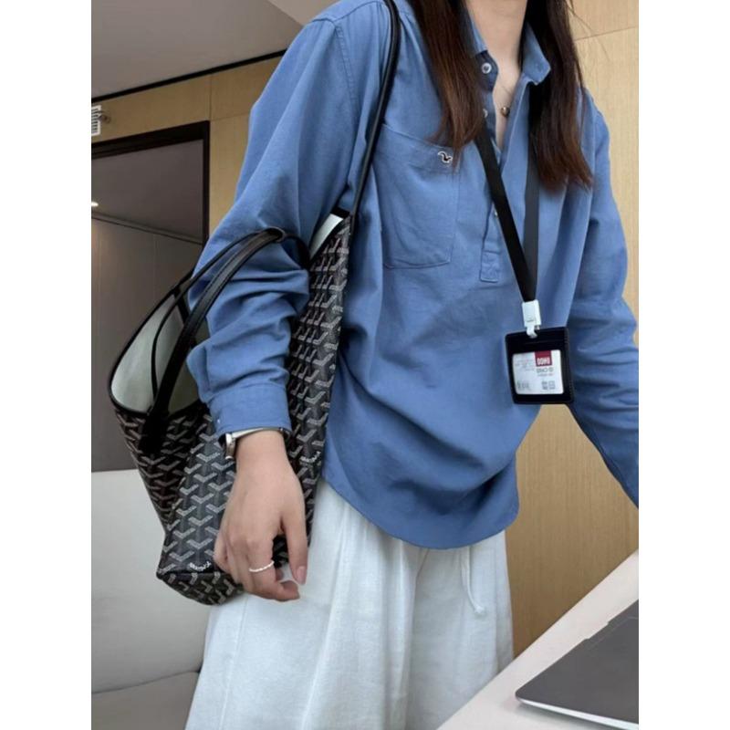 Early Spring New High-end Minimalist Style Casual and Versatile Half-open Lapel Blue Long-sleeved Shirt for Women