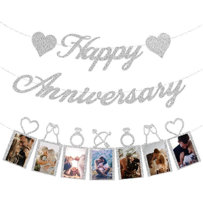 Happy Anniversary Party Decorations - Banner and Photo Banner for Wedding Party Decor