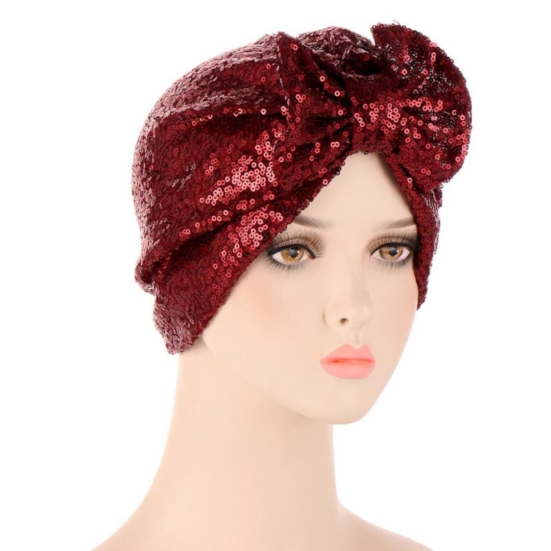 Turban Hat Bag Cap Bow Sequin Muslim Solid Color Hat