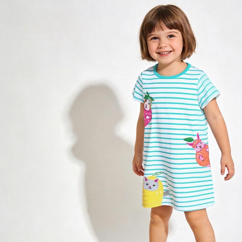 Summer New Arrivals: Girls' Striped Princess Dress with Animal Embroidery, Short-Sleeved Children's Dress