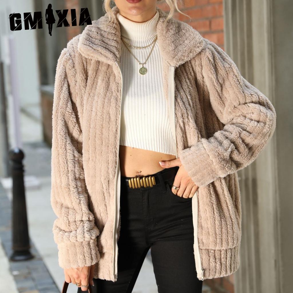 GMXIA Shinier Women's Lapel Pit Zipper Long Sleeve Solid Color Medium Length Double-sided Plush Coat