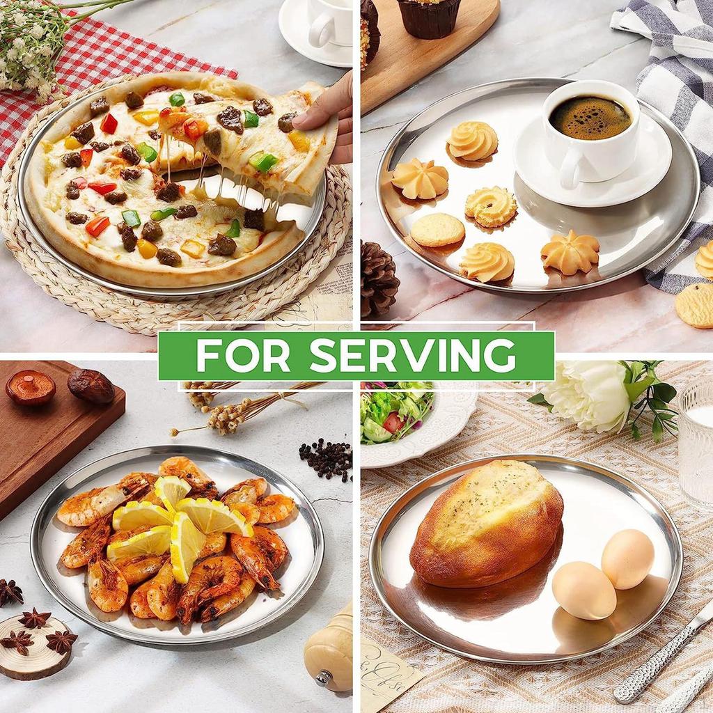6 Pack Stainless Steel Dinner Plates, Camping Tableware, Round Pizza Tray, Outdoor