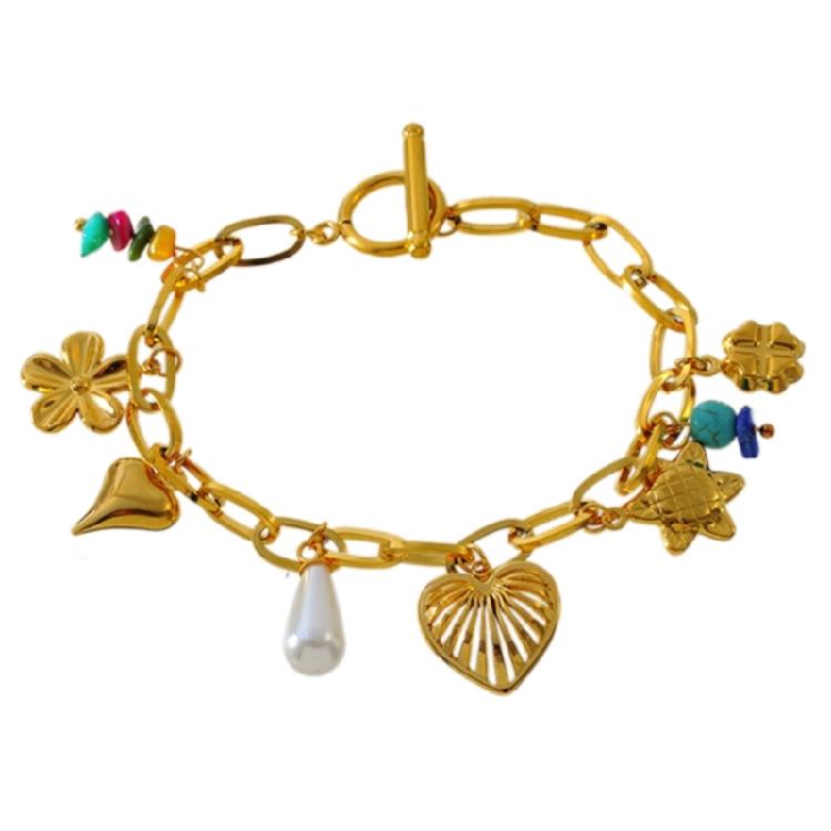 

Chic Multi Charm Bracelet Accessory Handmade Bracelet Adornment Featuring Flower and Heart Accent for Fashionistas