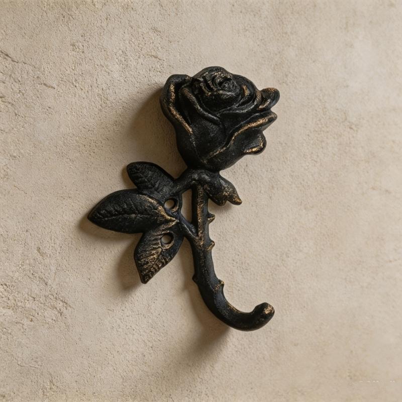 Metal Wall Hook With Rose Detail and Weathered Finish, Decorative Wall Mounted Hook for Keys Towels Aprons in Entryway Bathroom Kitchen or Hallway