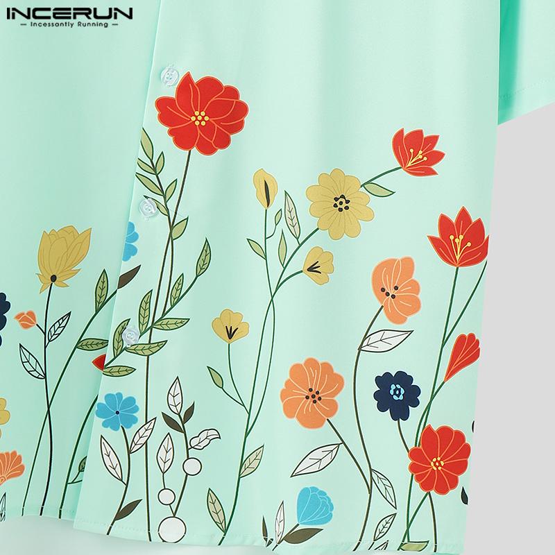 INCERUN Oversized Men Summer Lapel Neck Short Sleeve Floral Print Casual Shirts