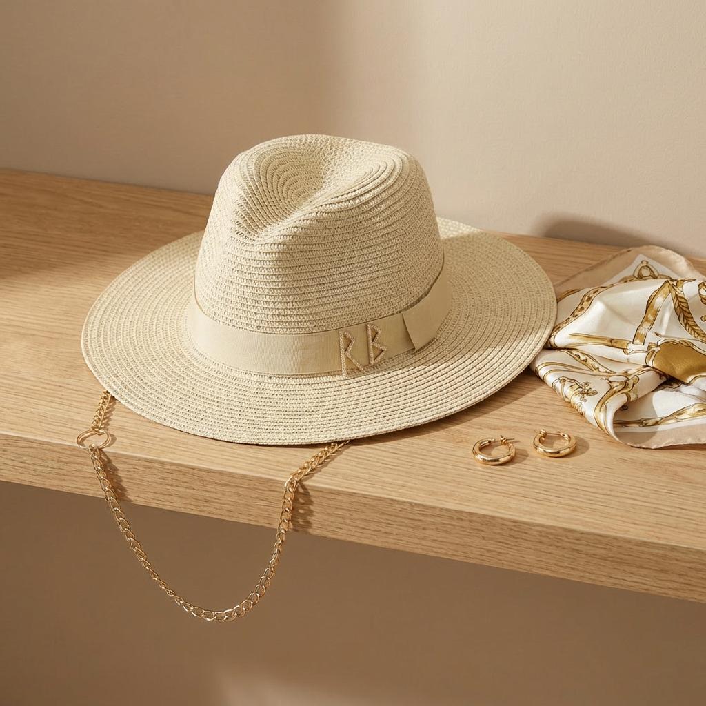 Womens Boho Straw Hat Fedora Wide Brim Beach Cap With Rb Monogram Chain Strap Summer Outdoor Hat Festival Travel Sombrero Paper
