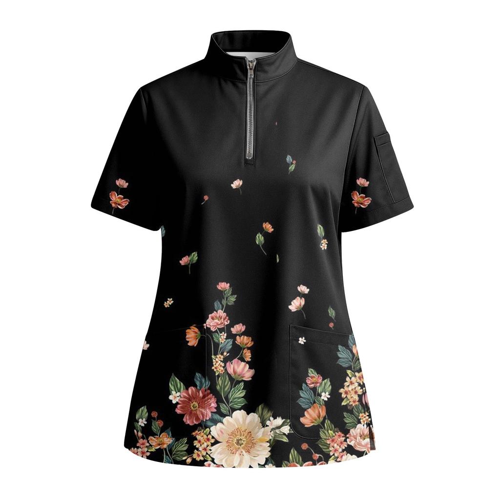 Women's Short Sleeved Printed V-neck Buttonable Side Slit Top T-shirt