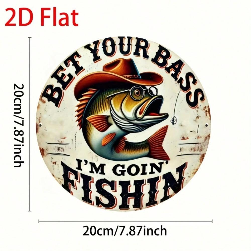 Round Metal Poster Wall Art Retro Fishing Bass for Cafe