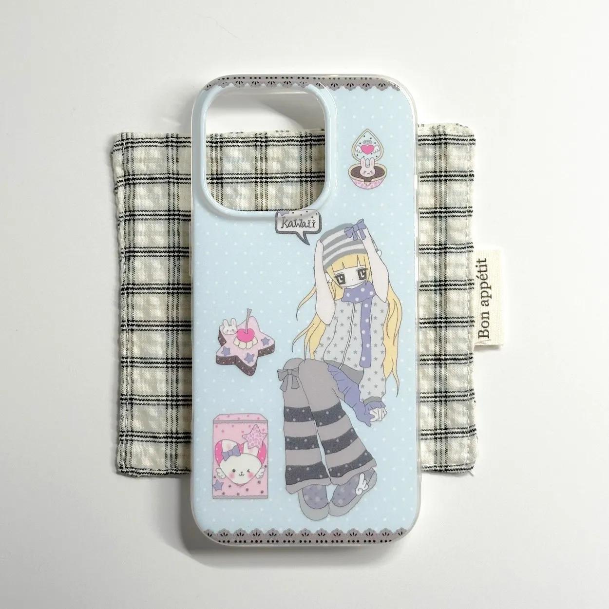 

Retro y2k Japanese Girl Light Blue Phone Case for Samsung Galaxy S26 S25 S24 S23 S22 S21 FE Ultra Plus 4G 5G Feather Texture Samsung S26 Plus 5G