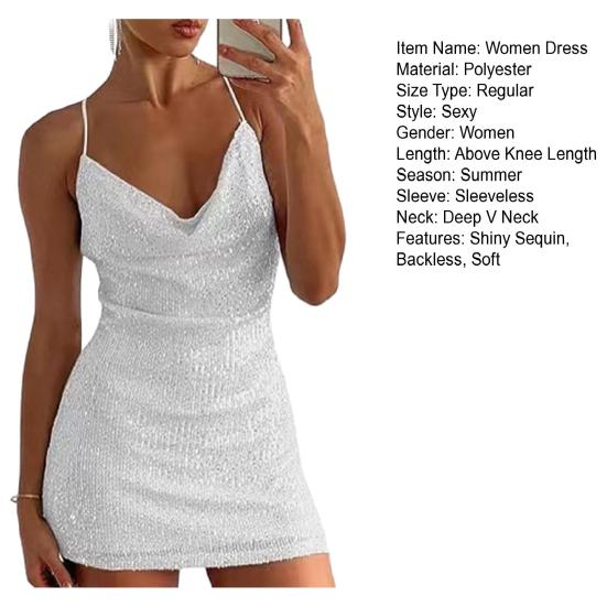 Damenkleid mit V-Ausschnitt, Spaghettiträger, glänzende Pailletten, rückenfrei, weich, ärmellos, schmale Passform, über dem Knie, Länge, Party, Club, Minikleid