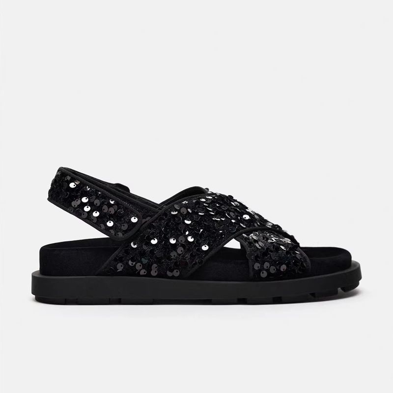 ZA Shoes New Black Beaded Flat Sandals Thick-soled Seaside Vacation Wind Beach Shoes Small Man