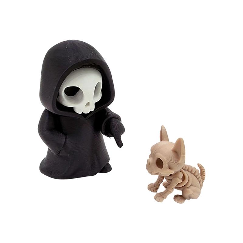 Small Table Decorative Figure with Hooded Skull Character, Collector Shelf Piece for Desk Display and Themed Styling