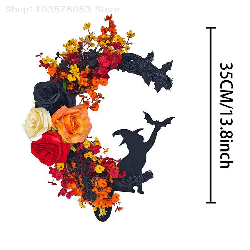 Halloween Crescent Moon Cat Wreath Gothic Garland Decor Handmade Artificial Halloween Door Hanging Decor Halloween Decor Supply