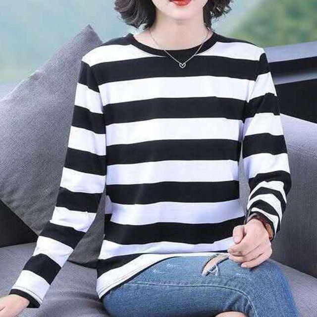 

Новая полосатая футболка женская свободная мамина футболка с эффектом омоложения повседневная с круглым вырезом с длинным рукавом базовая футболка M-5XL 4XL белый