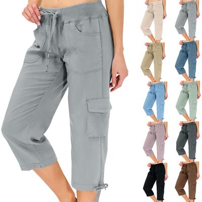 Calças de Caminhada Leves Femininas de Cintura Alta com Elástico, Caimento Solto, Bolsos Duplos e Cordão, Comprimento Capri para Atividades ao Ar Livre
