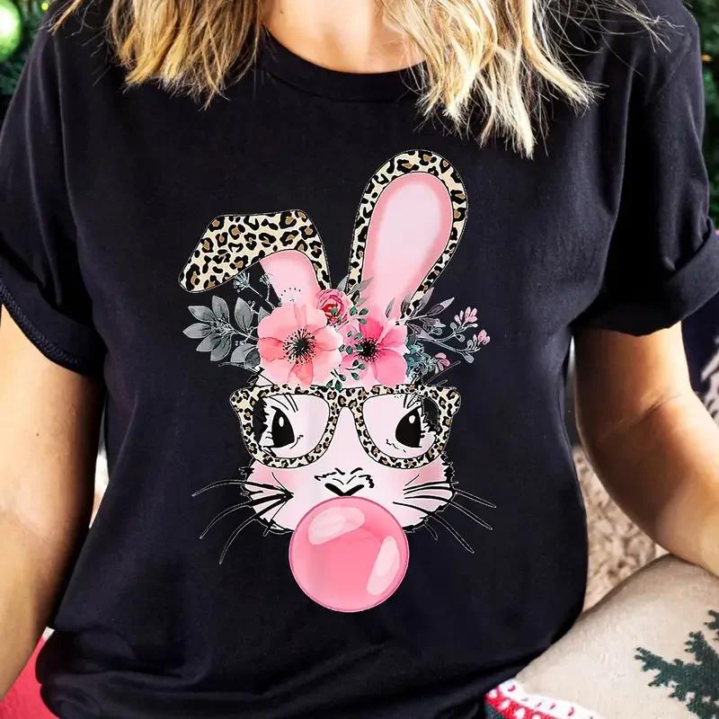 Rabbit Print Crew Neck T-Shirt Casual Short Sleeve Top For Spring Summer Women's Clothing Street Sports O Collar Ladies Shirt