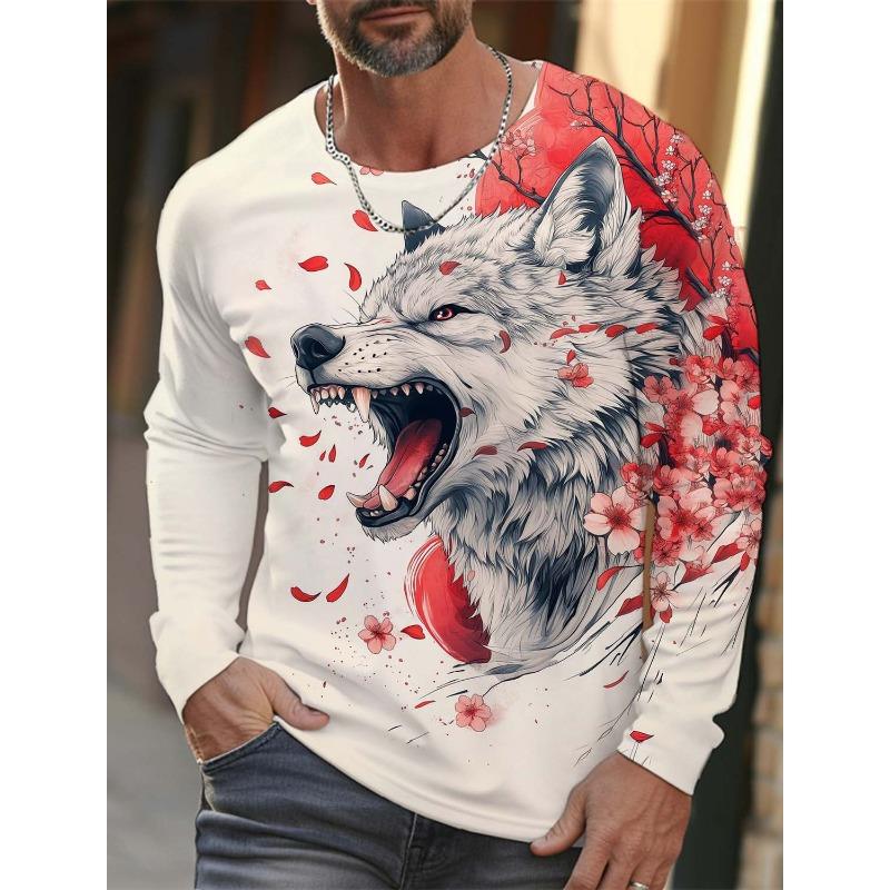 Herren Langarm T-Shirt Tiermuster Wolf 3D Druck Oberteile Tees Mode Lässig Übergroßes T-Shirt Herrenbekleidung