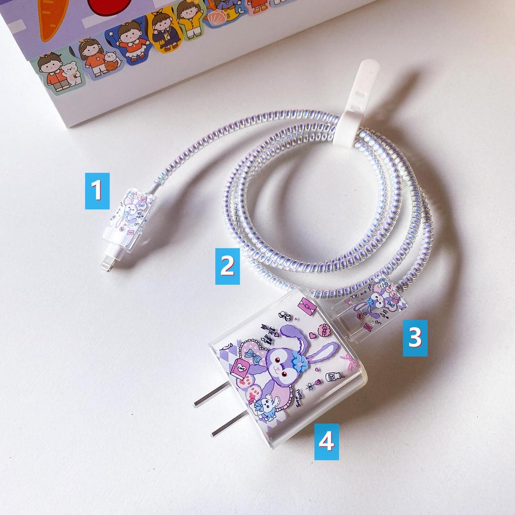 Apple Data Cable Protection Kit: 20W Charging Head, Transparent Cartoon Design, 4-Piece Set
