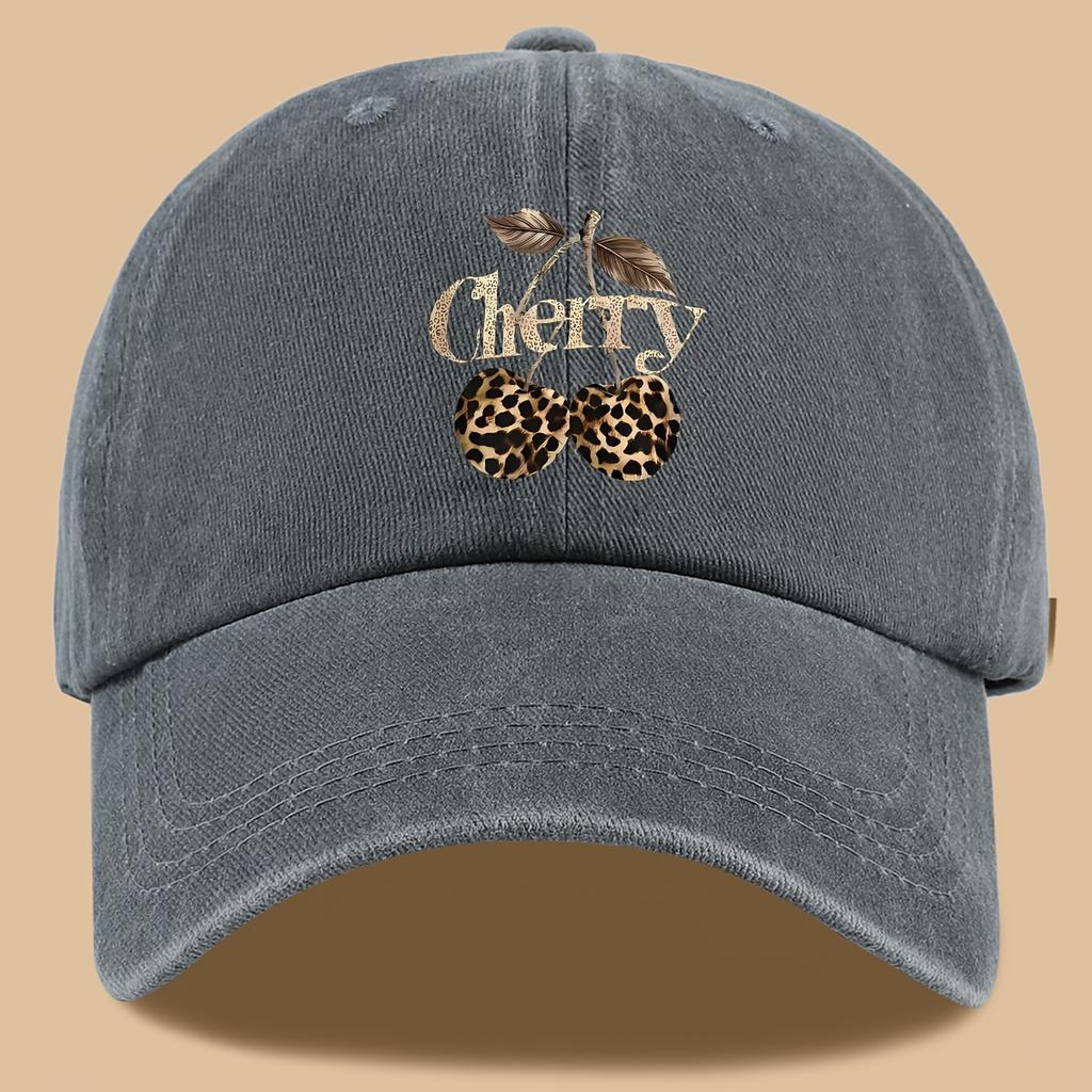 Leopard Print Baseball Cap Cherry Letters Unisex Daily Sun Hat Holiday or Birthday Gift for Cherry Enthusiasts