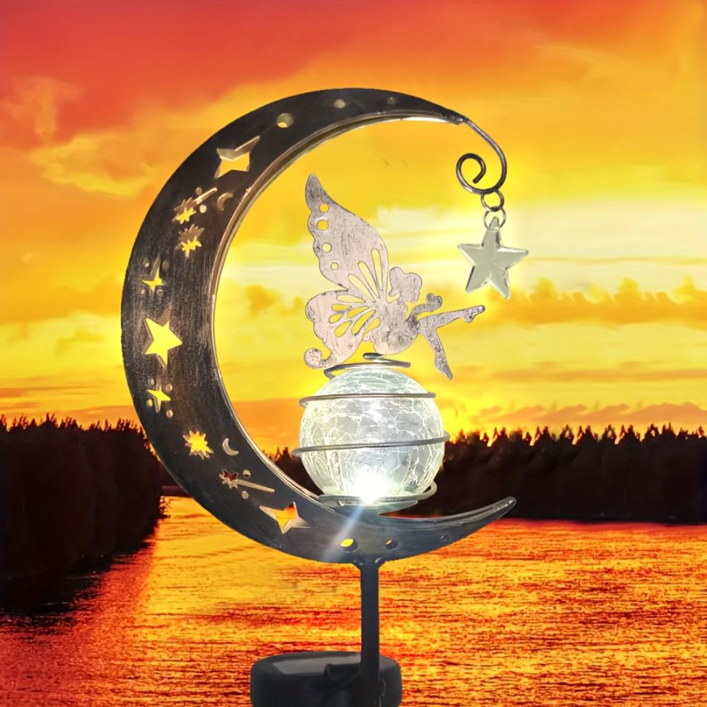 Solar Eisen Mond Fee Rasenleuchte, Zarte Elfen Fantasie Fee Stil Hof Metall Dekorative Leuchte Gartenweg Pavillon Straßenleuchte Rasenleuchte