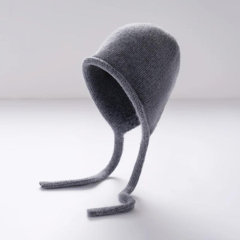 Women's 100% Cashmere Thick Ear-Protective Cap Solid Color Knitted Warmth Winter Pullover Wool Laced Rolled-Up Sling Hats