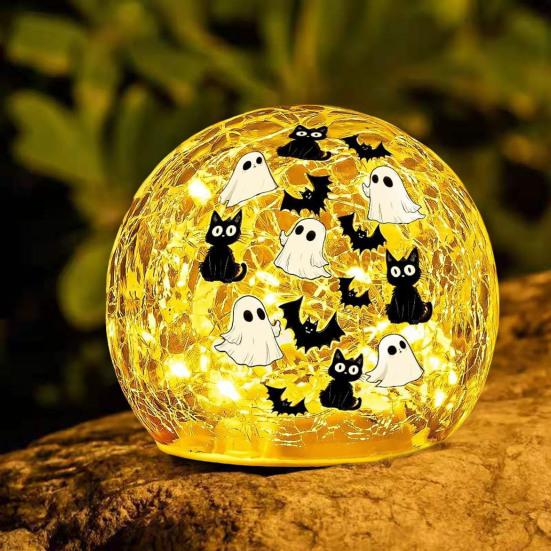 Crackle LED Glass Ball Lamp Halloween Ghost Bat Cat Cracked Ball Light with Warm Light for Halloween Walkway Path Garden Tabletop Decor