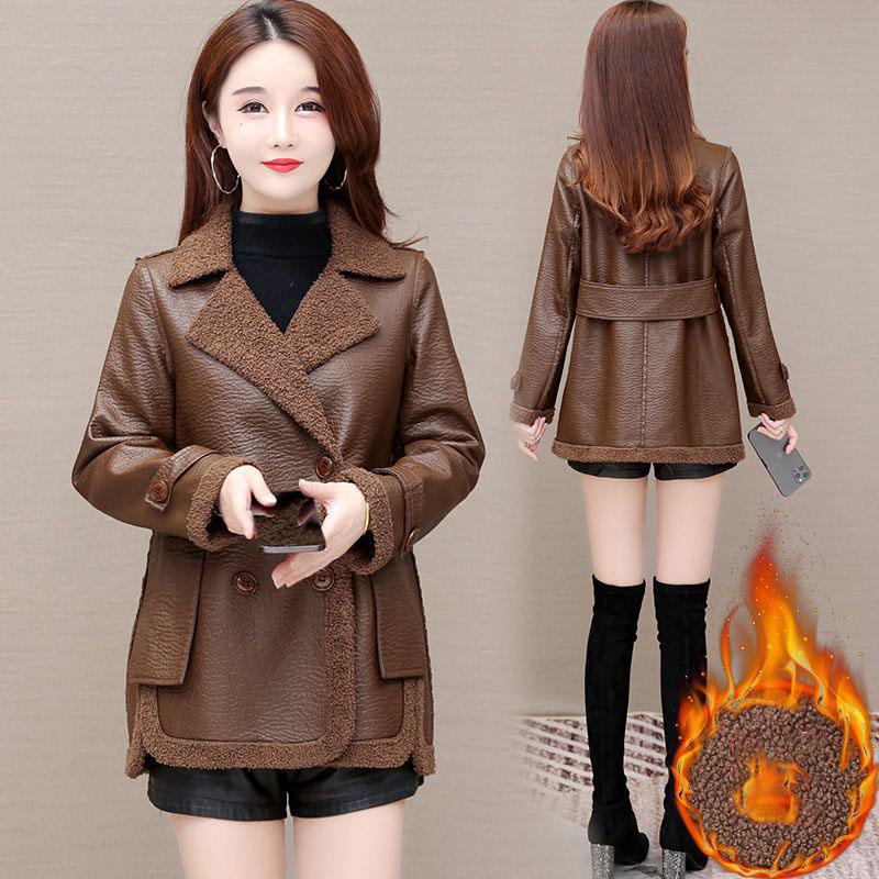 

Женская кожаная куртка осень-зима короткая двухсторонняя кожаная куртка 4XL женская теплая бархатная овечья шерсть PU пальто XXXL коричневый