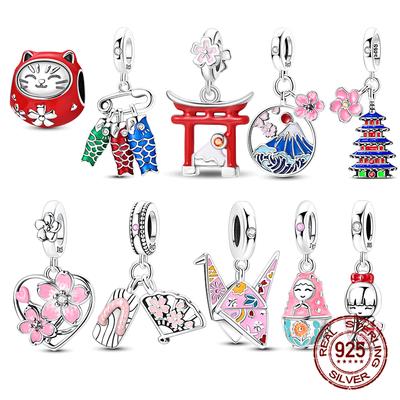 Colgante Souvenir de Plata 925 Koinobori Japonés Senbazuru Monte Fuji Apto para Pulseras de Charms Originales Joyería DIY para Mujeres Regalo