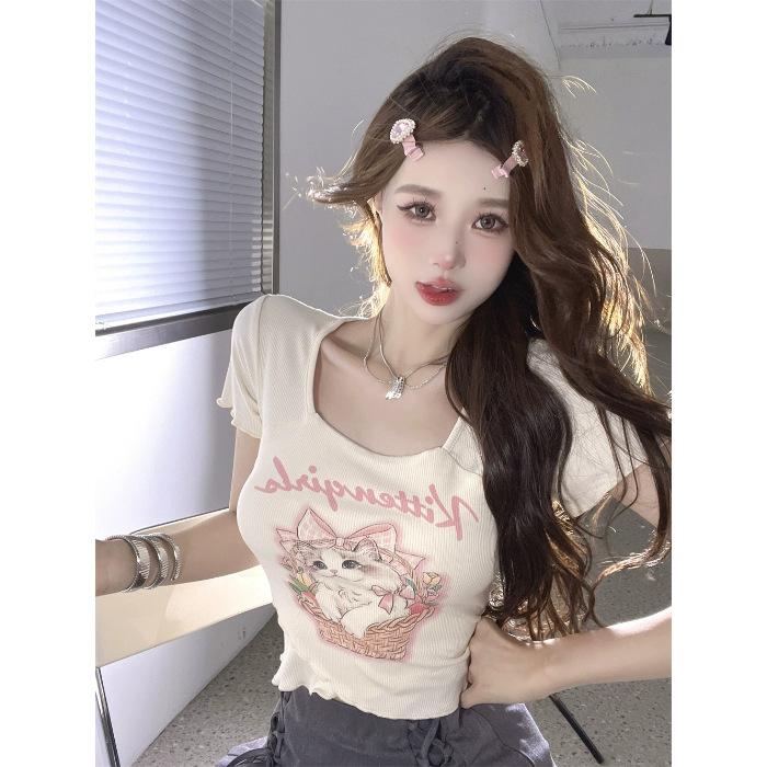 Cartoon Printed Square Neck Front Shoulder Short Sleeve T-Shirt Women's Pure Desire Sweet and Spicy Clavicle Slim Skinny Top
