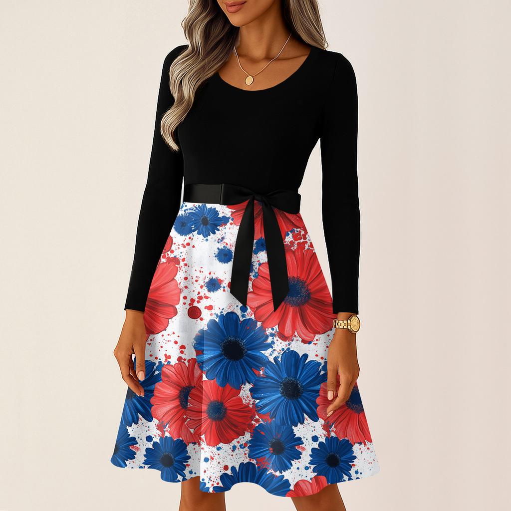 Ladies' Casual And Fashionable Round Neck Long Sleeved Retro Independent Day Print Retro Dress