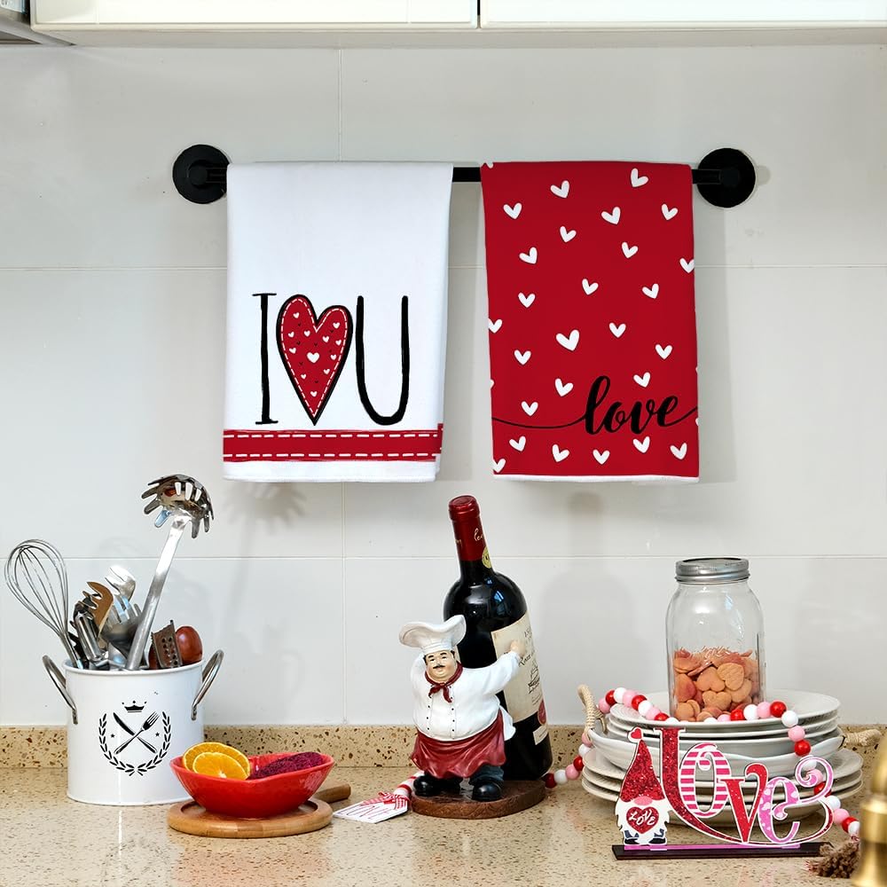 ARKENY Valentines Day Kitchen Towels Red Heart Dish Towels 18x26 Inch Ultra Absorbent Wedding Drying Cloth I Love U Sign Hand Towel for Valentine