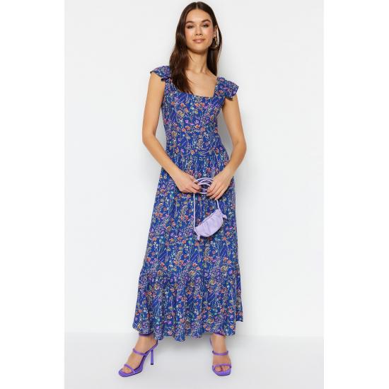 Rochie midi cu modele florale cu mâneci mini cu guler pătrat