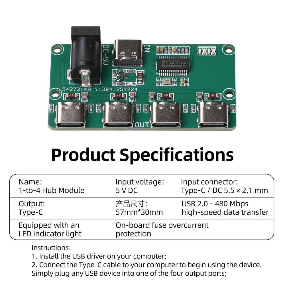 DC 5V 1 to 4 Port PH2.0 USB 2.0 Hub Module 480Mbps High Speed with LED Indicator Overcurrent Protection for Embedded Development