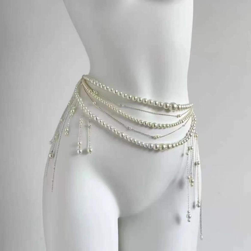 Elegant Multi-Layer Pearl & Tassel Waist Chain with Floral Accents for Women