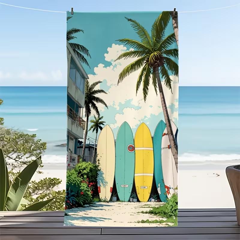 Retro Illustration Style Surfboard Palm Tree Print Beach Towel Summer Coastal Town Pattern Quick Dry Sand-Free Soft Towel